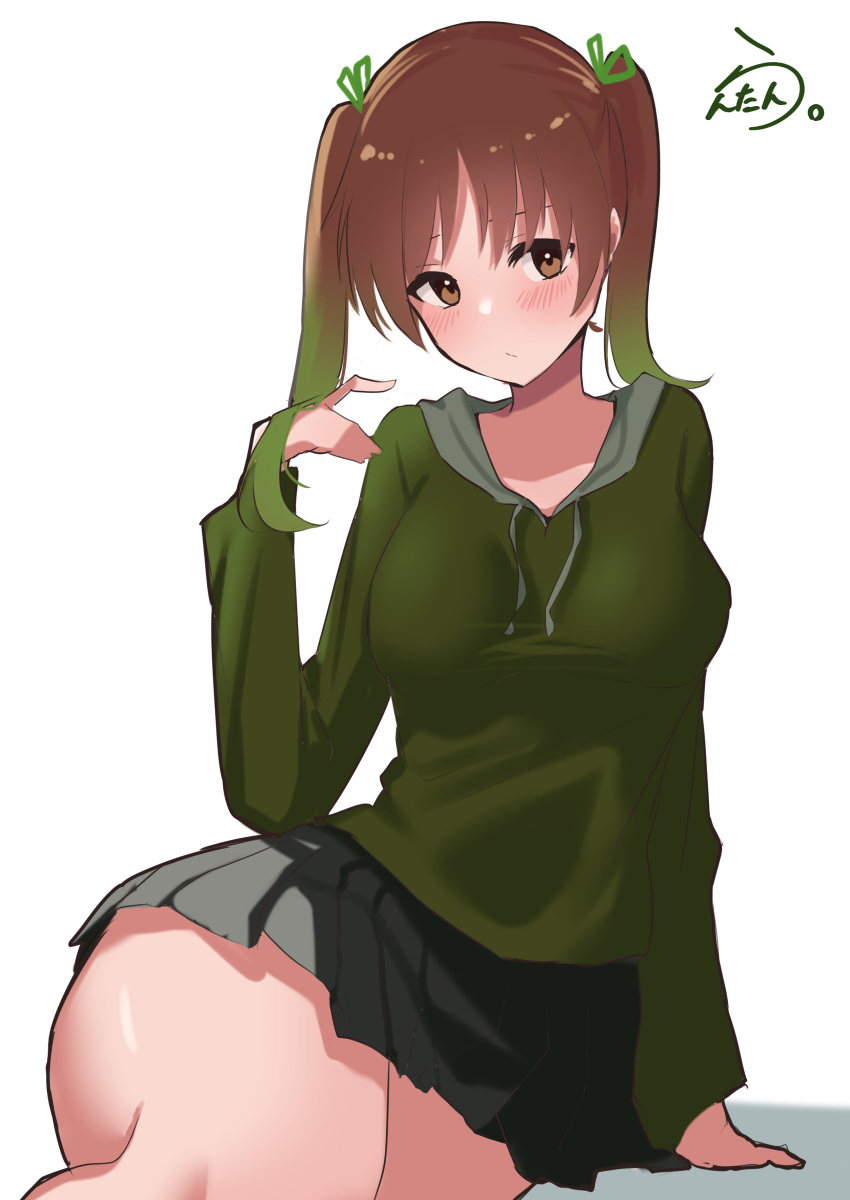 1girl absurdres alternate_costume alternate_hairstyle artist_logo artist_name black_skirt brown_eyes brown_hair cowboy_shot drawstring dress green_sweater highres hood hooded_sweater kantai_collection lanthan long_hair ooi_(kancolle) pleated_dress simple_background skirt solo sweater white_background