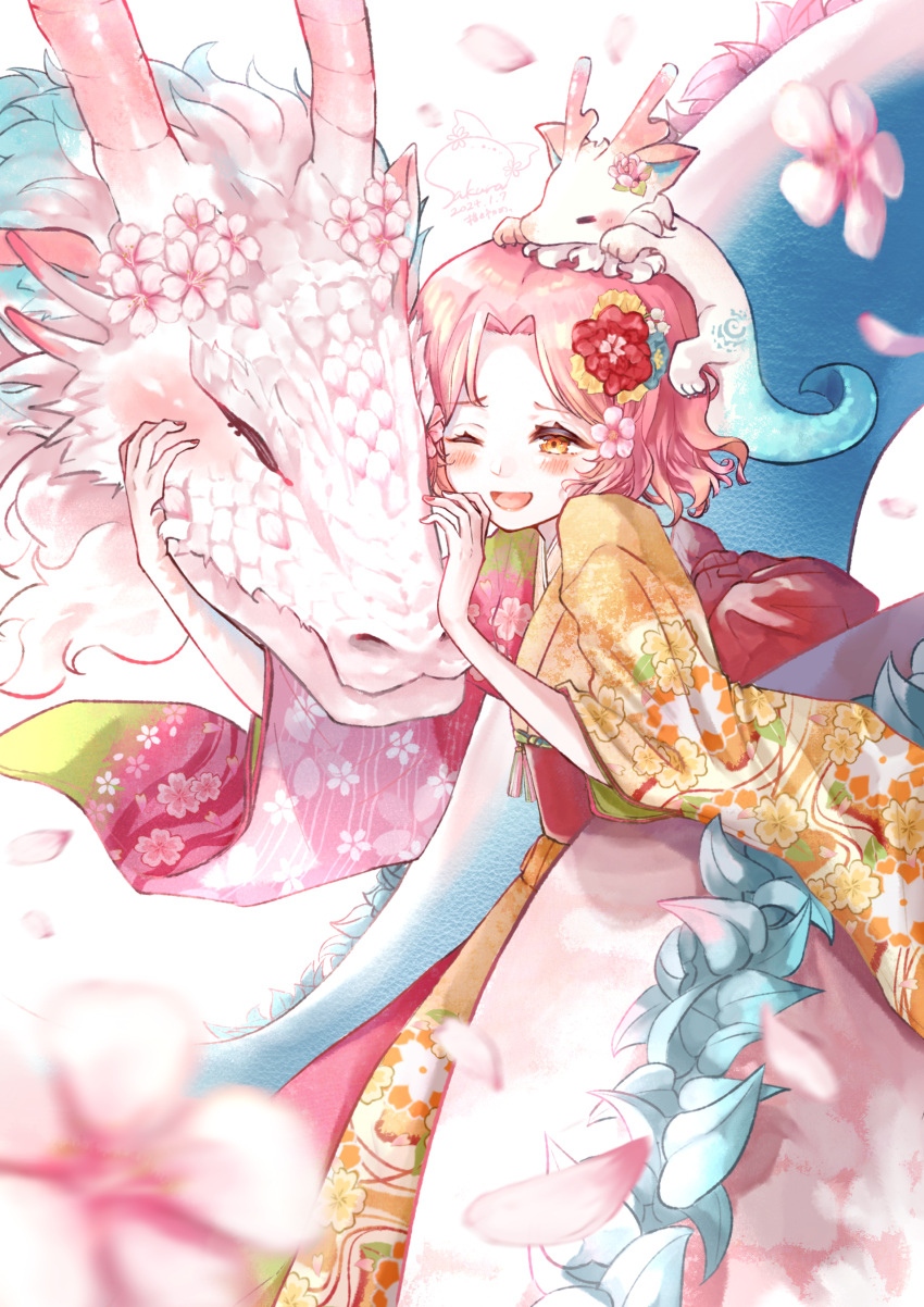 1girl absurdres blush cherry_blossoms chinese_clothes commentary_request curtained_hair dragon dragon_on_head eastern_dragon feet_out_of_frame flower hair_ornament highres hug hug_from_behind kanzashi new_year original pink_hair short_hair wsakuraw