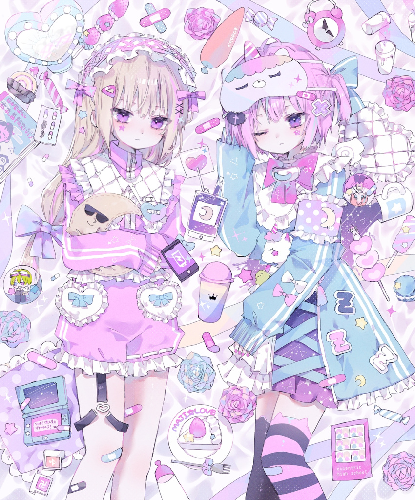 2boys alarm_clock bandaid bandaid_hair_ornament bandaid_on_knee bandaid_on_leg battery_indicator black_thighhighs blonde_hair blue_bow blue_flower bow candy capelet carrot cellphone clock closed_mouth coffee_mug crescent_moon crossdressing crossed_bandaids cup expressionless facepaint flower food fork frilled_capelet frilled_jacket frilled_shorts frills fruit hair_bow hair_ornament hairband hairclip hand_in_own_hair handheld_game_console heart heart-shaped_pillow heart_hair_ornament highres hiro_0607 holding holding_flower holding_stuffed_toy jacket lolita_fashion lolita_hairband lollipop long_hair magazine_(object) male_focus mask mask_on_head mirror moon mug multiple_boys nintendo_ds one_eye_closed open_clothes open_jacket original otoko_no_ko pale_skin phone pill pillow pink_bow pink_flower pink_hair pink_ribbon pink_shorts pink_theme pink_thighhighs pink_track_suit plate purple_thighhighs ribbon short_hair short_twintails shorts sleep_mask smartphone sparkle star_(symbol) star_hair_ornament strawberry striped_clothes striped_thighhighs stuffed_toy thigh-highs track_jacket track_suit twintails unicorn unicorn_mask white_capelet x_hair_ornament yume_kawaii zipper