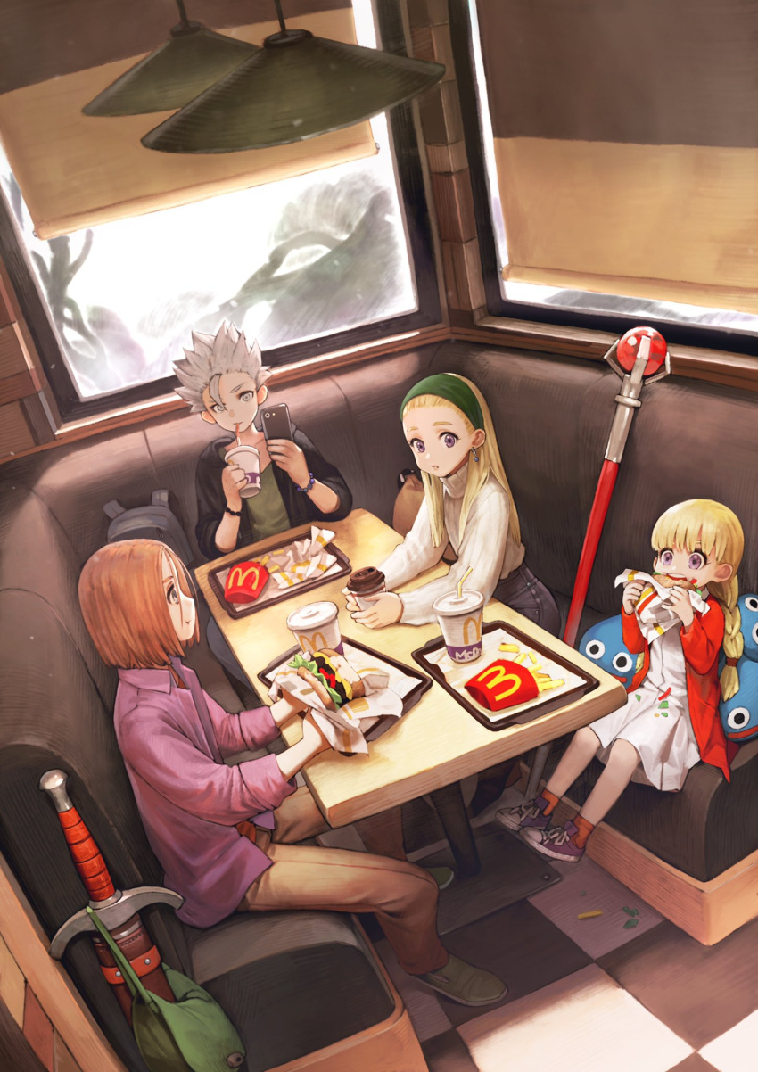 2boys 2girls blonde_hair burger camus_(dq11) casual cellphone child coffee contemporary cup dragon_quest dragon_quest_xi dress earrings eating fast_food food french_fries full_body grey_hair hairband hero_(dq11) highres jewelry jun_(navigavi) long_hair mcdonald's multiple_boys multiple_girls open_mouth phone senya_(dq11) sitting skirt slime_(dragon_quest) sword veronica_(dq11) weapon