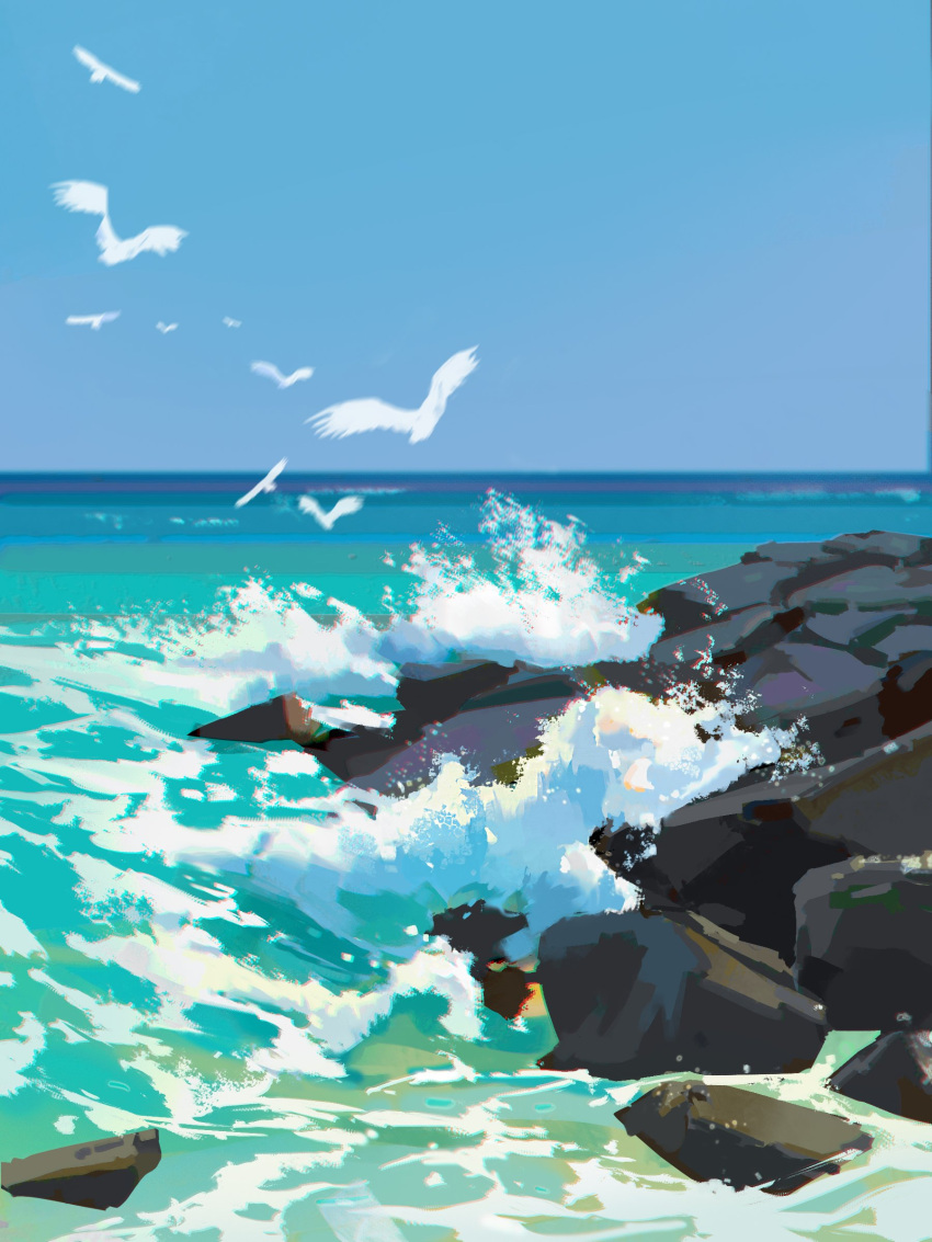 absurdres bird blue_sky chromatic_aberration commentary commentary_request day english_commentary highres horizon no_humans ocean original scenery sky still_life waves white_bird yoohu6