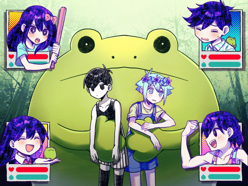 2girls 4boys aubrey_(headspace)_(omori) aubrey_(omori) baseball_bat basil_(headspace)_(omori) basil_(omori) black_hair black_thighhighs blue_overalls bow expressionless frog green_eyes green_hair green_shirt hair_bow hero_(headspace)_(omori) hero_(omori) holding holding_baseball_bat kel_(headspace)_(omori) kel_(omori) long_hair mari_(headspace)_(omori) mari_(omori) multiple_boys multiple_girls omori omori_(omori) open_mouth overall_shorts overalls pink_bow purple_hair shirt short_hair short_sleeves teeth thigh-highs upper_teeth_only violet_eyes yutsu