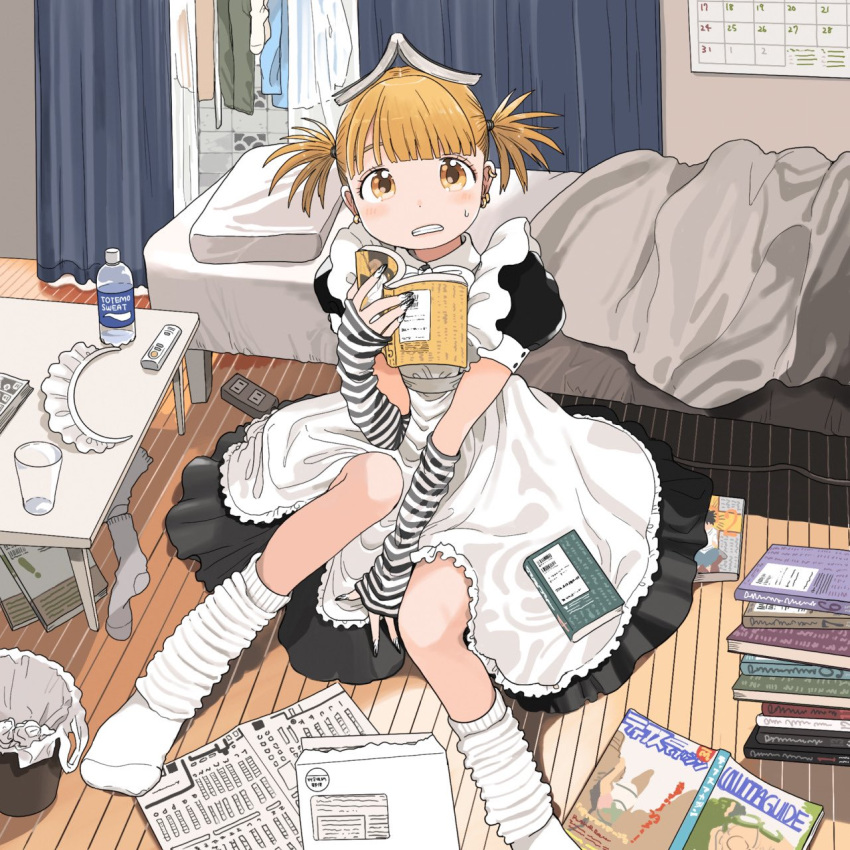 1girl apron bed between_legs black_arm_warmers black_dress blanket blonde_hair blunt_bangs book book_on_head book_stack calendar_(object) clenched_teeth clothes_spread_out comiket commentary controller curtains dot_nose dress ear_piercing frilled_dress frills full_body glass hand_between_legs highres holding holding_book indoors knees_together_feet_apart laundry light_blush looking_at_viewer loose_socks maid maid_headdress nagomurasan nail_polish object_on_head on_ground original piercing pillow pocari_sweat puffy_short_sleeves puffy_sleeves remote_control short_sleeves short_twintails sitting socks solo striped_arm_warmers sweatdrop table tareme teeth trash_can twintails twintails_day white_apron white_arm_warmers white_socks wooden_floor yellow_eyes