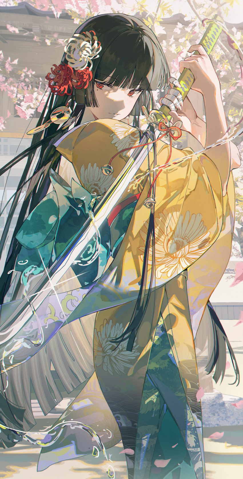 1girl absurdres black_hair closed_mouth floral_print floral_print_kimono flower from_side furisode hair_flower hair_ornament highres hime_cut holding holding_sword holding_weapon japanese_clothes katana kimono long_hair looking_back obi original print_kimono red_eyes sash sideways_glance solo sword very_long_hair water weapon wide_sleeves yellow_kimono z3zz4