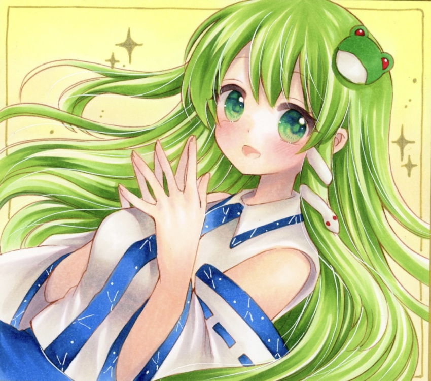 1girl blush commentary_request detached_sleeves frog_hair_ornament green_eyes green_hair hair_ornament kochiya_sanae long_hair looking_at_viewer marker_(medium) open_mouth shirt smile snake_hair_ornament solo sparkle steepled_fingers touhou traditional_media yellow_background yuuki_hana_(jtnp5334)