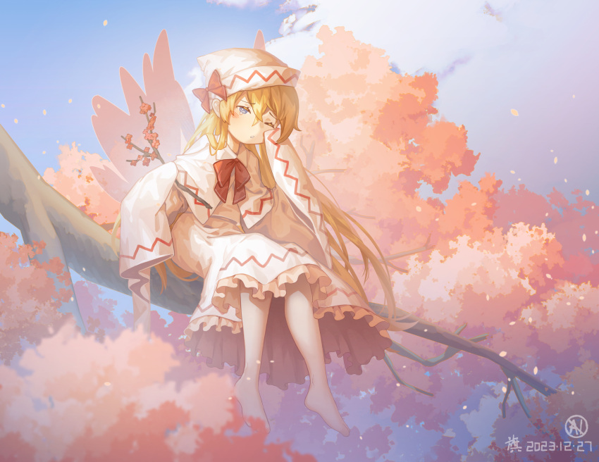 1girl blonde_hair blue_eyes blush furahata_gen hair_between_eyes highres lily_white long_hair one_eye_closed parted_lips solo touhou