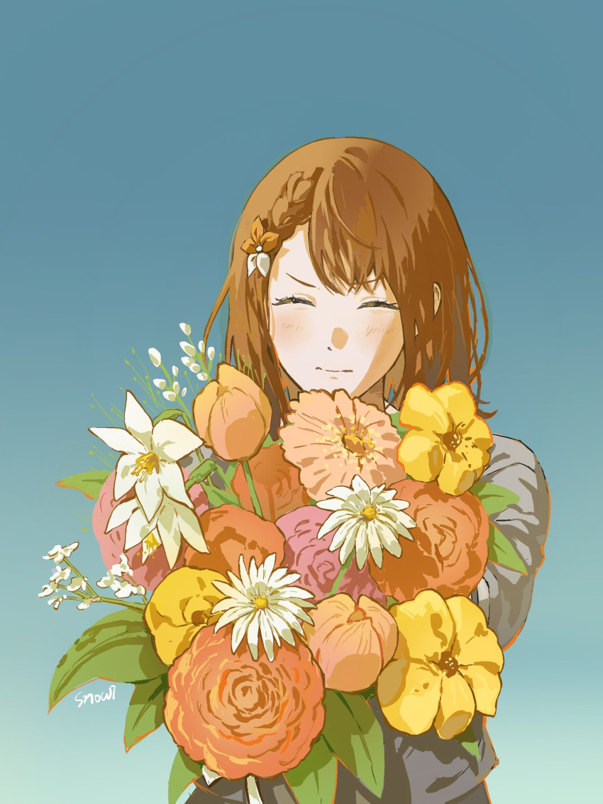 1girl ^_^ blue_background bouquet braid character_request closed_eyes facing_viewer fallinsnowi flower gradient_background grey_jacket hair_flower hair_ornament highres holding holding_bouquet jacket medium_hair project_sekai side_braid signature solo upper_body