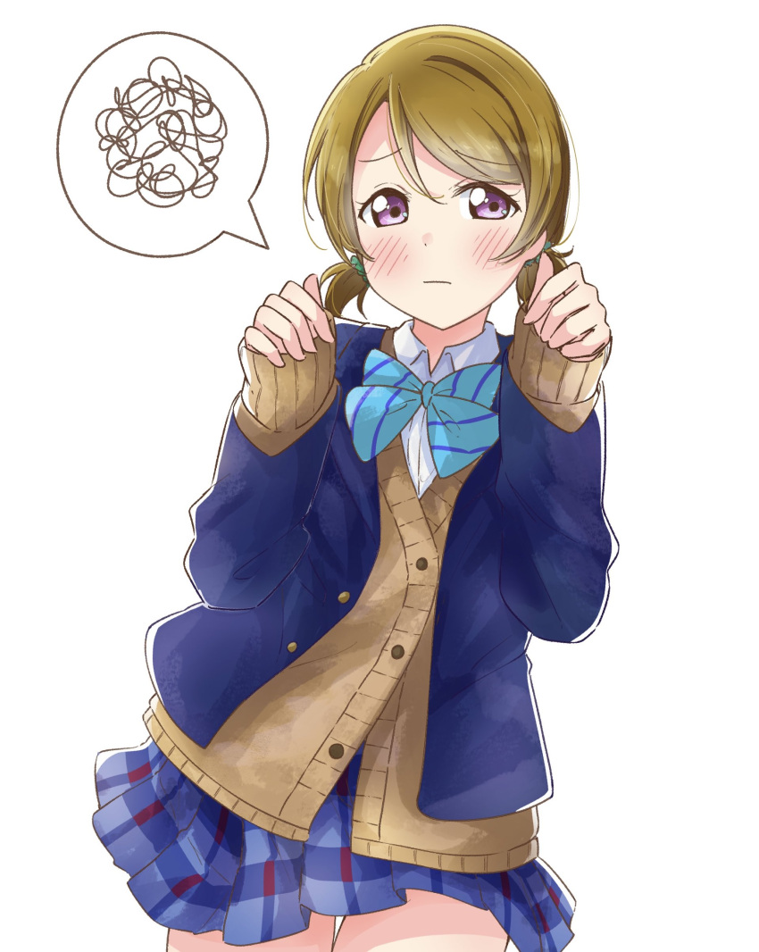 1girl absurdres blazer blue_bow blue_bowtie blue_jacket blue_skirt blush bow bowtie brown_cardigan brown_hair cardigan commentary_request curled_fingers dress_shirt hands_up highres jacket koizumi_hanayo long_sleeves love_live! love_live!_school_idol_project low_twintails miniskirt otonokizaka_school_uniform plaid plaid_skirt pleated_skirt satisfaction-zero school_uniform shirt short_hair simple_background skirt speech_bubble spoken_squiggle squiggle standing striped_bow striped_bowtie striped_clothes striped_skirt tareme twintails violet_eyes winter_uniform worried