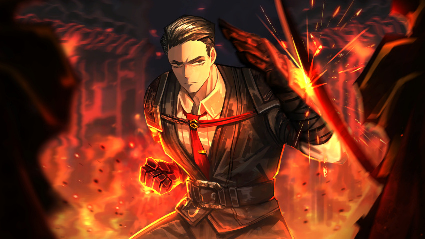 1boy 2others belt black_belt black_eyes black_hair black_pants black_vest blurry blurry_foreground closed_mouth collared_shirt fire game_cg gauntlets highres limbus_company meursault_(project_moon) multiple_others nai_ga necktie official_art outdoors pants project_moon red_necktie shirt short_hair sparks standing sword tie_clip vest weapon white_shirt wing_collar