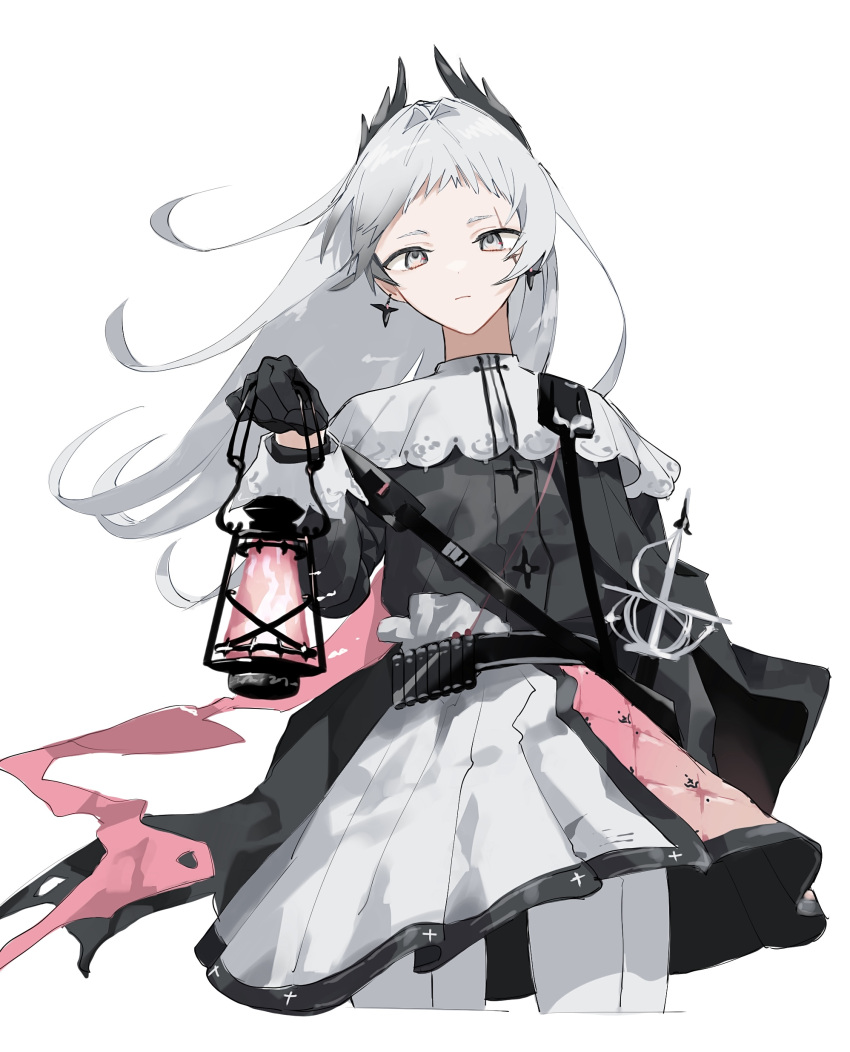 1girl absurdres arknights black_gloves black_shirt collar commentary_request cropped_legs earrings feather_hair frown gloves grey_eyes grey_hair highres hishoti_cheese holding holding_lantern irene_(arknights) jewelry lantern long_hair long_sleeves pantyhose pink_ribbon pink_skirt ribbon scar scar_across_eye sheath sheathed shirt simple_background skirt solo sword two-tone_skirt weapon white_background white_collar white_pantyhose white_skirt