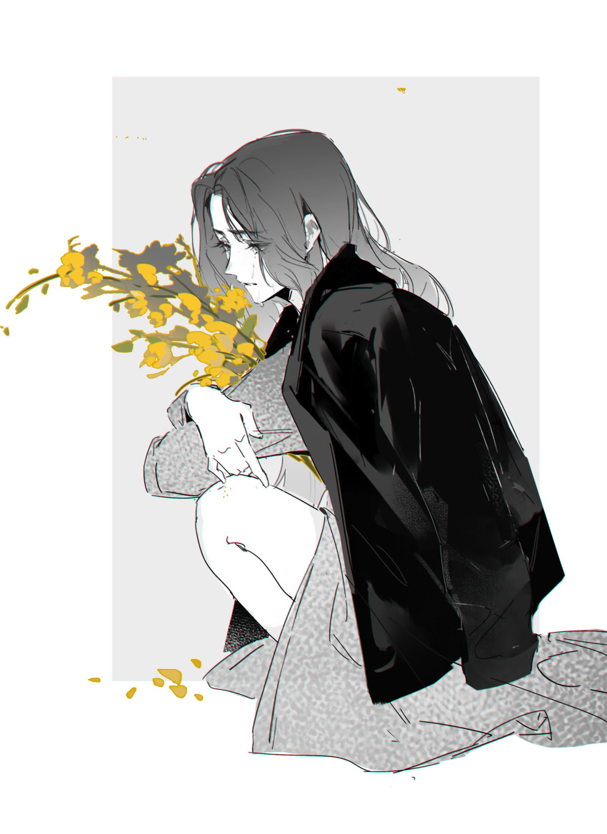1girl absurdres character_request chaser_game_w chinese_commentary commentary_request crying crying_with_eyes_open dress flower full_body greyscale highres holding holding_flower jacket jacket_on_shoulders long_hair long_sleeves monochrome parted_lips solo squatting tears yellow_flower yoohu6