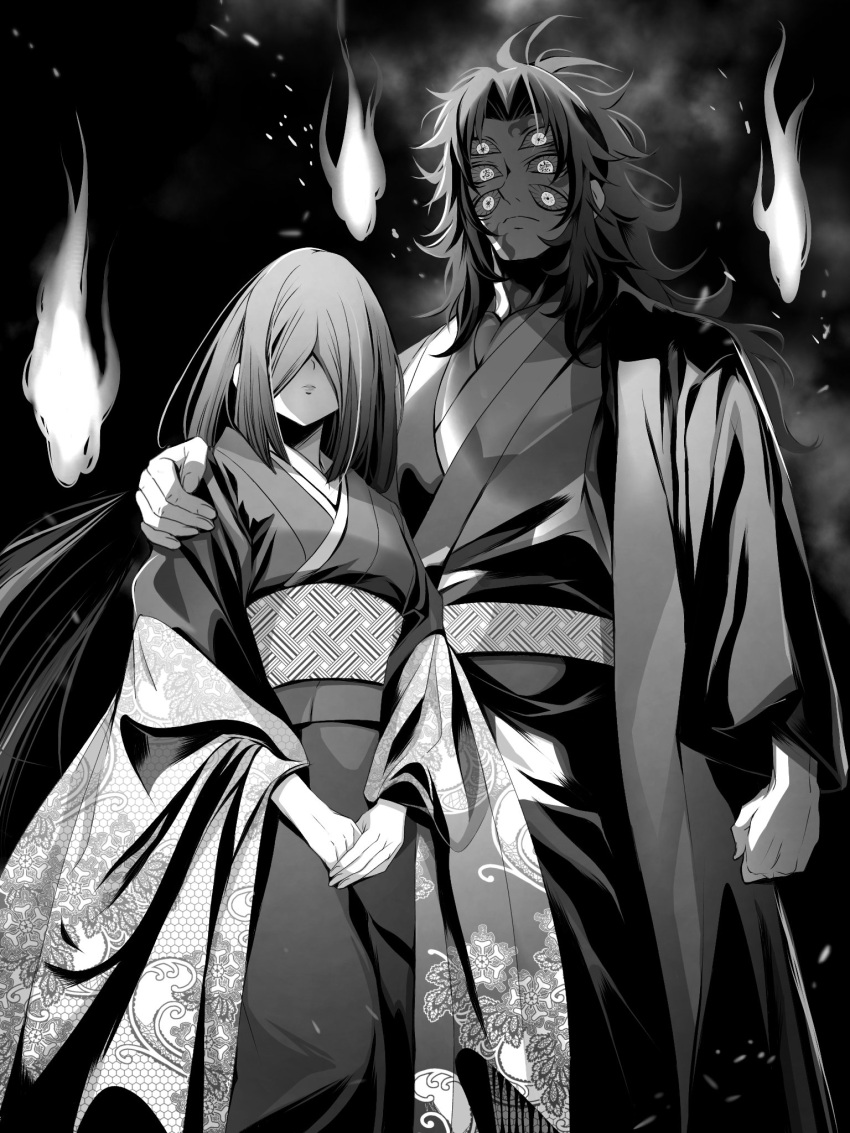 1boy 1girl arm_at_side closed_mouth covered_eyes demon_boy extra_eyes facial_mark feet_out_of_frame fire flipped_hair floating_hair from_below frown hair_over_eyes hand_on_another's_shoulder hand_up haori height_difference highres hitodama japanese_clothes kimetsu_no_yaiba kimono kokushibou long_hair long_sleeves looking_at_viewer nakime_(kimetsu_no_yaiba) obi own_hands_together ponytail sash shawl standing tagimane01 text_in_eyes v_arms very_long_hair