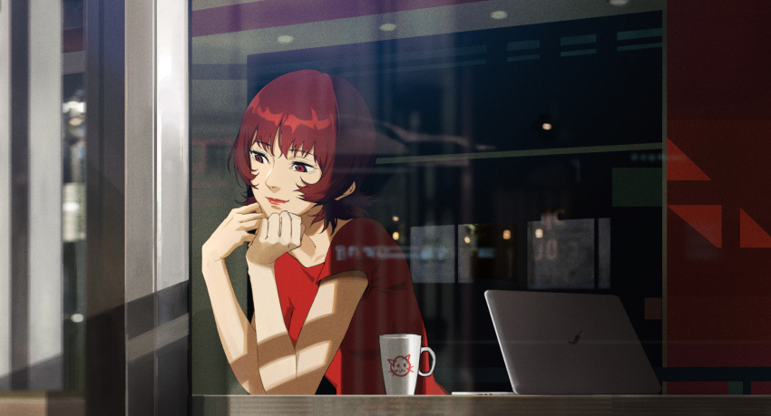 1girl computer cup day elbow_rest film_grain from_outside from_side highres laptop lightofheaven looking_down looking_outside mug paprika paprika_(character) red_eyes red_shirt red_t-shirt redhead shirt short_hair short_sleeves smile solo t-shirt upper_body