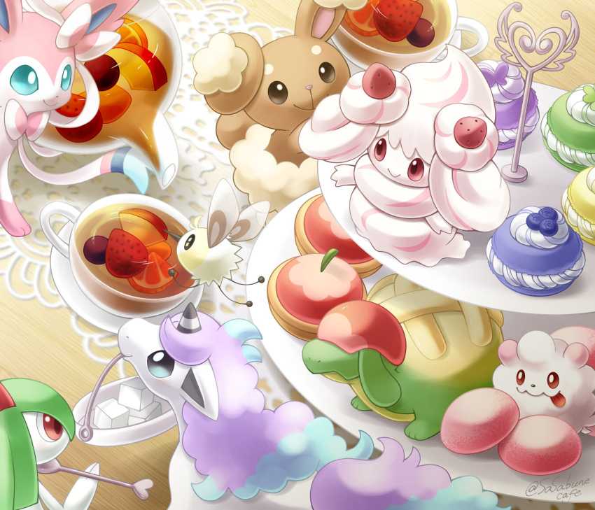 alcremie alcremie_(strawberry_sweet) appletun artist_name blue_eyes blueberry bright_pupils brown_eyes buneary closed_mouth commentary_request cup cutiefly flying food fruit galarian_ponyta glass_teapot heart highres holding holding_spoon horns kirlia macaron mochi mouth_hold no_humans pokemon pokemon_(creature) pouring red_eyes sasabunecafe saucer signature single_horn smile spoon strawberry sugar_cube swirlix sylveon table tart_(food) tea teacup teapot teaspoon tiered_tray tongue tongue_out twitter_username white_pupils