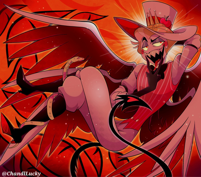 1boy black_footwear black_gloves blonde_hair chandllucky colored_sclera cunnilingus_gesture demon demon_boy demon_wings gloves hazbin_hotel highres looking_at_viewer lucifer_(hazbin_hotel) sharp_teeth solo teeth wings