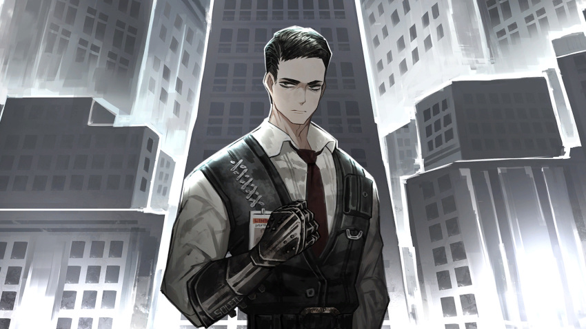 1boy black_eyes black_hair black_vest closed_mouth collared_shirt game_cg gauntlets highres limbus_company looking_at_viewer male_focus meursault_(project_moon) nai_ga necktie official_art outdoors project_moon red_necktie shirt short_hair single_gauntlet solo standing vest white_shirt wing_collar