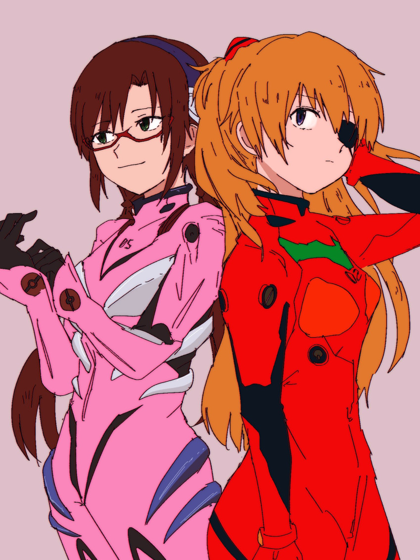 2girls blue_eyes bodysuit bracer brown_hair cowboy_shot eyepatch glasses gloves green_eyes hairband highres iyowa_(igusuri_please) long_hair makinami_mari_illustrious multiple_girls neon_genesis_evangelion orange_hair pink_background pink_bodysuit plugsuit rebuild_of_evangelion simple_background smile souryuu_asuka_langley turtleneck