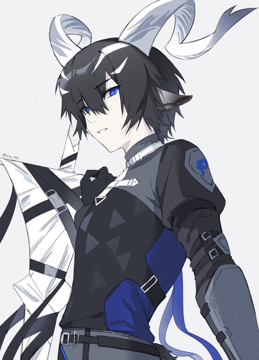 1boy absurdres animal_ears arknights black_gloves black_hair blue_eyes character_request gloves grey_background grey_shirt hair_between_eyes hand_up highres horns juliet_sleeves long_sleeves looking_at_viewer looking_to_the_side male_focus parted_lips puffy_sleeves rio_(rio773) shirt simple_background solo sword twitter_username weapon