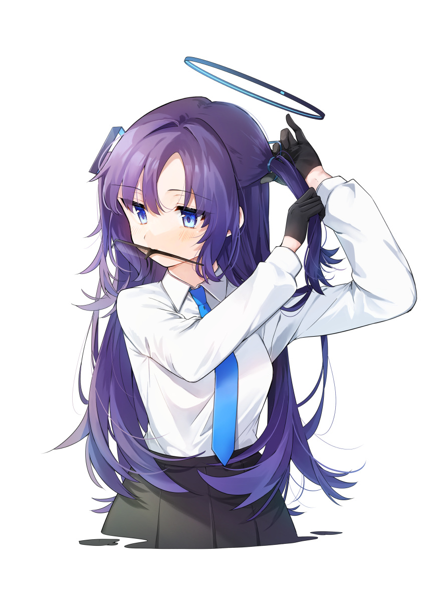 1girl absurdres adjusting_hair black_gloves black_skirt blue_archive blue_necktie blush breasts closed_mouth collared_shirt eme_(emeralda) gloves halo highres long_hair long_sleeves mechanical_halo medium_breasts mouth_hold necktie pleated_skirt purple_hair shirt simple_background skirt solo two_side_up violet_eyes white_background white_shirt yuuka_(blue_archive)