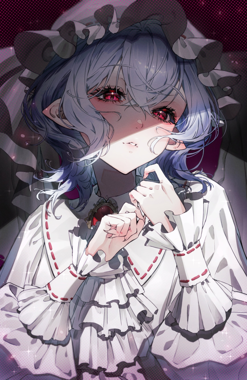 1girl absurdres bat_wings black_wings brooch collared_shirt fingernails frilled_sleeves frills hair_between_eyes hat highres jewelry long_fingernails long_sleeves mob_cap open_mouth pointy_ears purple_hair red_eyes remilia_scarlet sharp_fingernails shirt short_hair solo touhou upper_body vvpxo white_headwear white_shirt wings
