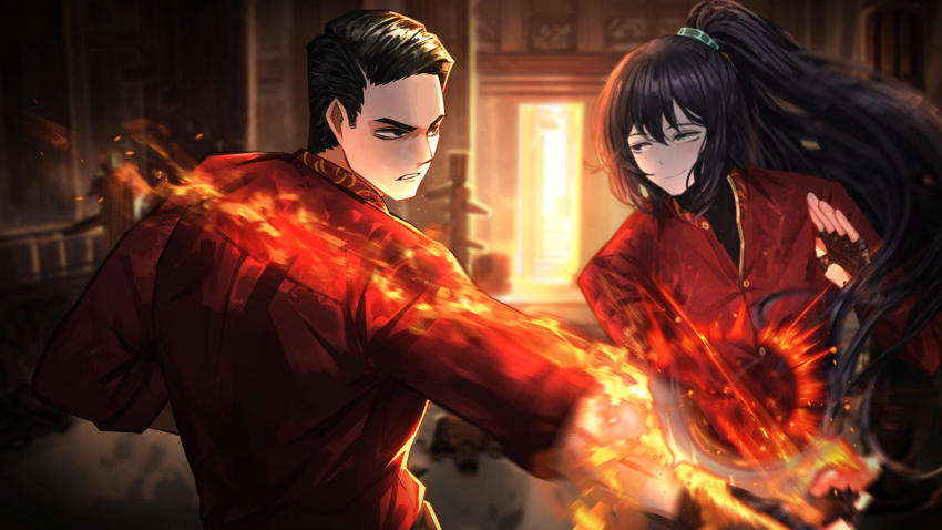2boys black_eyes black_gloves black_hair blue_eyes closed_mouth fingerless_gloves game_cg gloves heterochromia highres hong_lu_(project_moon) indoors limbus_company long_hair male_focus meursault_(project_moon) multiple_boys nai_ga official_art parted_lips ponytail project_moon red_shirt shirt short_hair smile sparring standing teeth