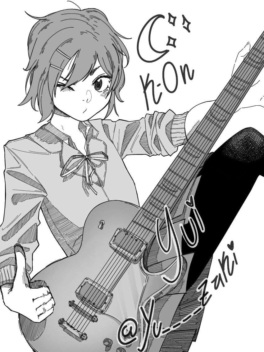 0_g0gi 1girl electric_guitar guitar highres hirasawa_yui instrument k-on! k-on!_movie monochrome school_uniform white_background