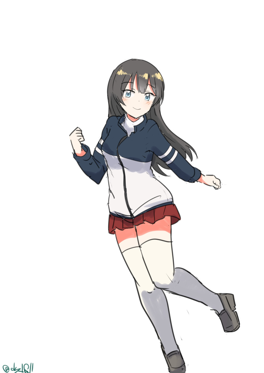 1girl absurdres agano_(kancolle) black_hair green_eyes highres jacket kantai_collection long_hair multicolored_clothes multicolored_jacket official_alternate_costume pleated_skirt red_skirt robinson_(day_l_full) simple_background skirt solo thigh-highs two-tone_jacket white_background white_thighhighs