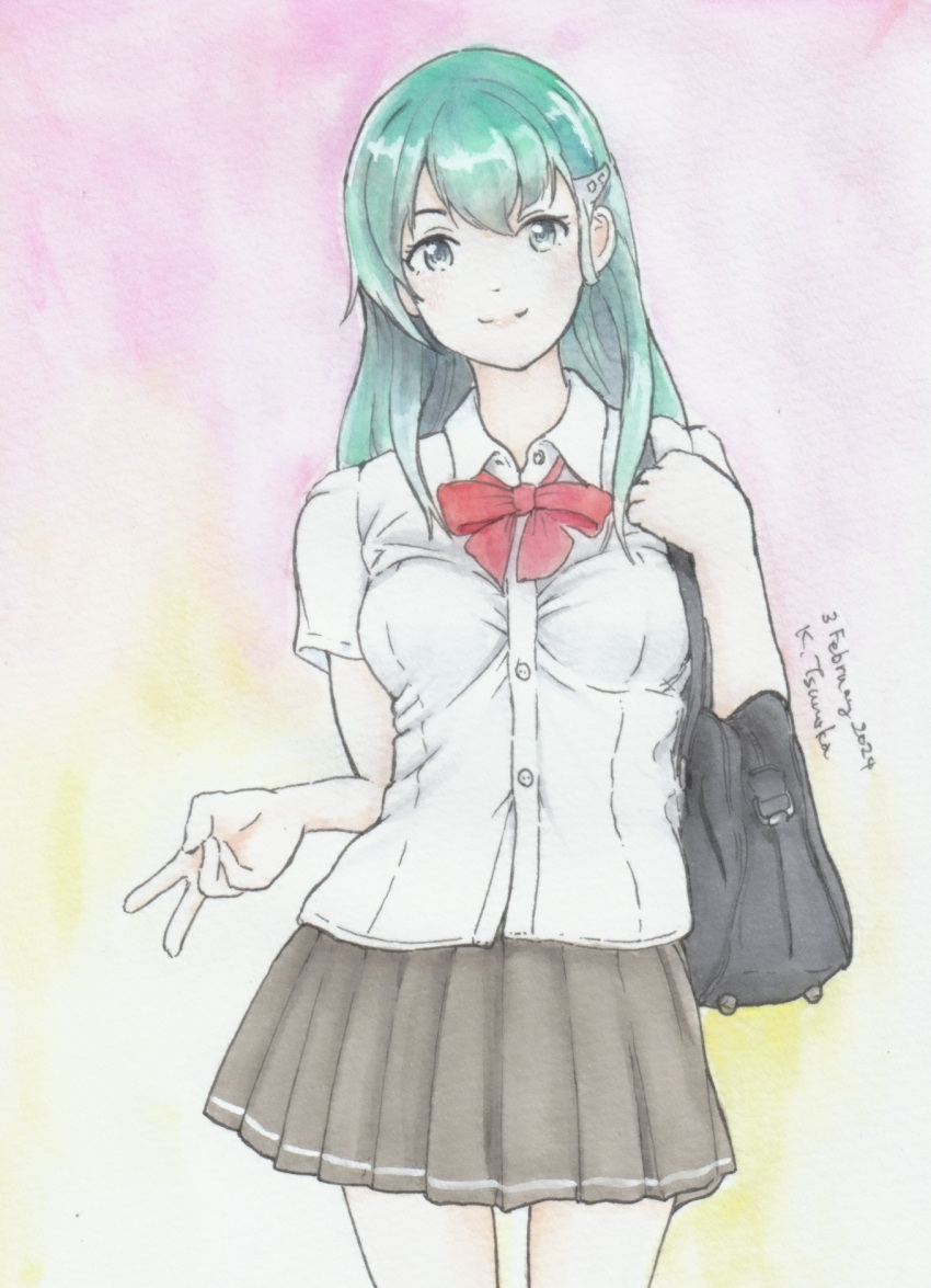 1girl aqua_hair bag black_bag bow bowtie breasts brown_skirt dated hair_ornament hairclip highres holding holding_bag kaz_tsuruoka long_hair looking_at_viewer original painting_(medium) pleated_skirt red_bow red_bowtie shirt shoulder_bag signature skirt smile solo standing traditional_media v watercolor_(medium) white_shirt