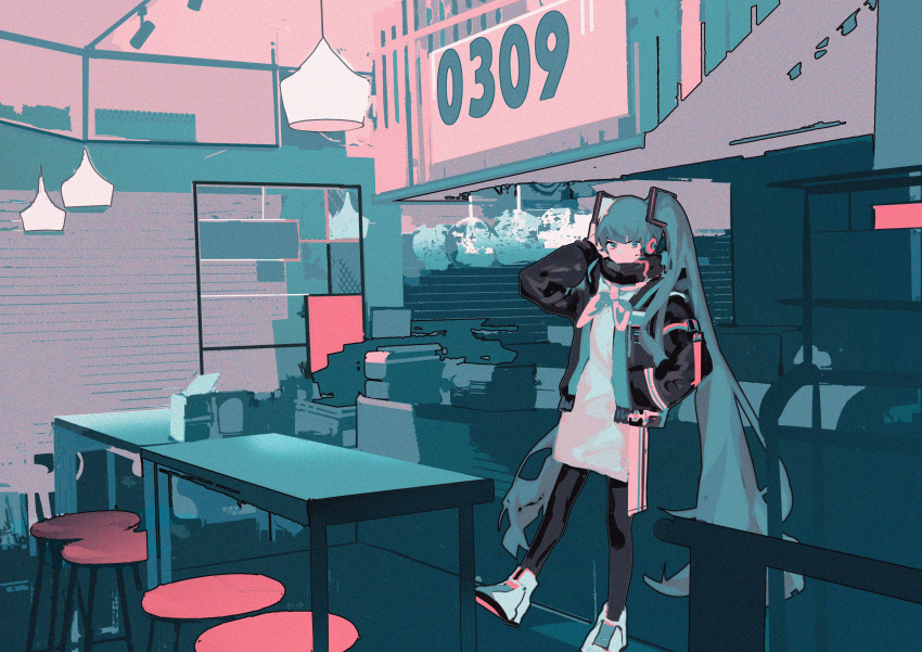 1girl absurdres bar_stool black_jacket black_pantyhose black_scarf black_sleeves blue_eyes blue_hair cash_register closed_mouth commentary dress earpiece expressionless full_body hair_ornament hand_in_pocket hand_on_headphones hatsune_miku highres indoors jacket limited_palette lobelia_(saclia) long_hair long_sleeves looking_at_viewer miku_day neckerchief open_clothes open_jacket pantyhose pink_headphones restaurant scarf shoes short_dress sleeves_past_wrists sneakers solo stool symbol-only_commentary twintails very_long_hair vocaloid white_dress white_footwear white_neckerchief