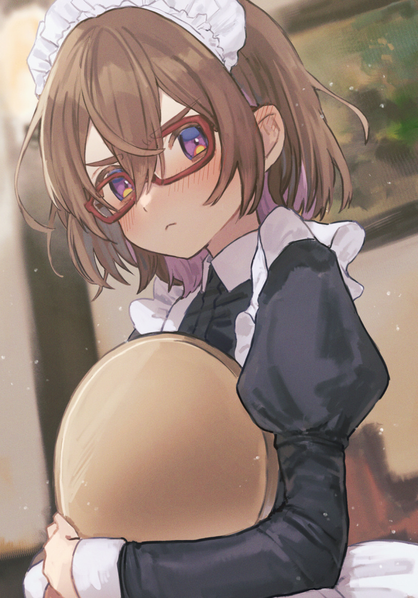 1girl :t blurry blurry_background blush brown_hair collared_dress dress fang glasses highres holding holding_tray juliet_sleeves light_particles long_sleeves looking_at_viewer maid maid_headdress naname_(7name) original puffy_sleeves red-framed_eyewear short_hair skin_fang solo sweat thick_eyebrows tray upper_body violet_eyes