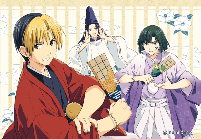 3boys :/ :d bishounen black_hair black_kimono blonde_hair blue_eyes blunt_bangs blunt_ends bob_cut commentary_request facepaint fujiwara_no_sai grey_hakama grin hagoita hakama hands_up hane_(hanetsuki) hanetsuki haori hat highres hikaru_no_go holding japanese_clothes kariginu kimono long_hair long_sleeves looking_at_viewer male_focus multicolored_hair multiple_boys mysterymiharu new_year paddle parted_bangs playing_games purple_hair purple_kimono ribbon-trimmed_sleeves ribbon_trim rolling_sleeves_up shindou_hikaru short_hair shouting_with_hands sleeves_pushed_up smile smirk standing tate_eboshi touya_akira twitter_username two-tone_hair variant_set wide_sleeves wristband