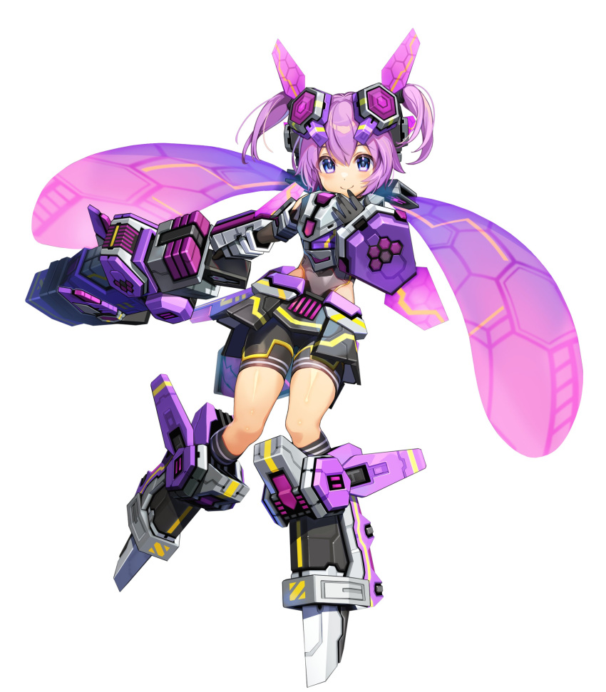 absurdres artist_request berzelius_girl berzelius_girl_p blue_eyes cosmic_break dragonfly_wings fairy_wings goggles goggles_on_head gun headpiece highres holding holding_gun holding_weapon looking_at_viewer mecha_musume official_art second-party_source short_hair short_shorts shorts smile thigh_gap weapon wings