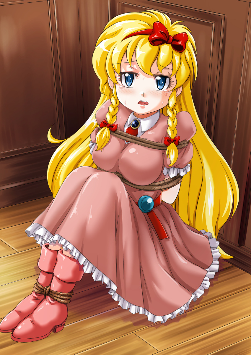 1girl absurdres blonde_hair blue_eyes blush boots bound bow braid breasts castlevania:_rondo_of_blood castlevania_(series) commission dress full_body hair_bow high_heel_boots high_heels highres long_hair looking_at_viewer maria_renard nao_takami open_mouth shibari skeb_commission skirt solo tied_up_(nonsexual) twin_braids very_long_hair