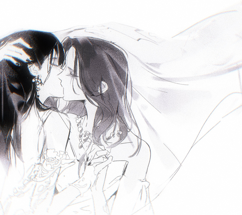 2girls absurdres bridal_veil chaser_game_w chinese_commentary closed_eyes commentary_request dress greyscale hand_on_another's_head harumoto_itsuki hayashi_fuyu highres holding_hands jewelry kiss long_hair monochrome multiple_girls necklace upper_body veil wedding_dress wife_and_wife yoohu6 yuri