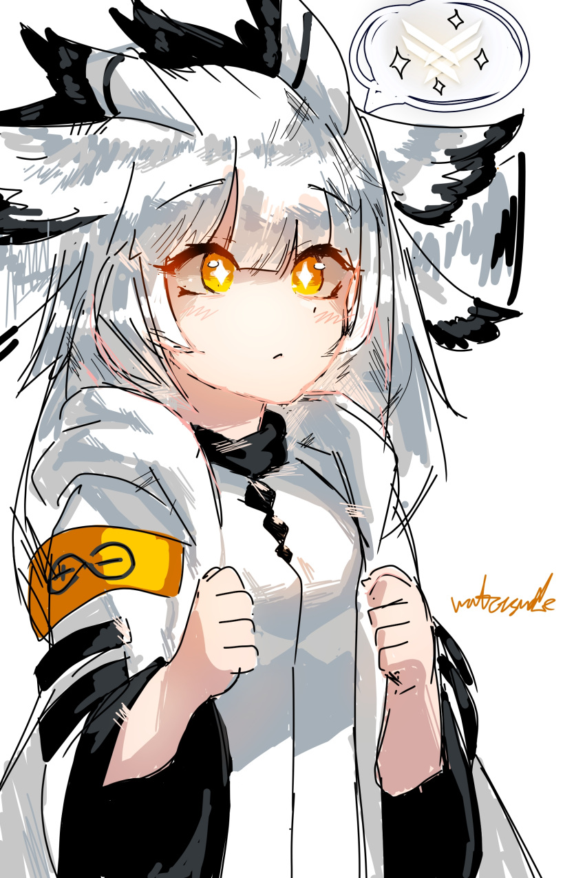 +_+ 1girl absurdres animal_ears arknights blunt_bangs blush clenched_hands coat commentary_request dress excited feather_hair flapping grey_coat grey_hair hands_up highres jacket korean_commentary long_hair open_clothes orange_eyes owl_ears owl_girl ptilopsis_(arknights) rhine_lab_logo ribiadan simple_background sketch solo speech_bubble upper_body white_background white_dress white_hair