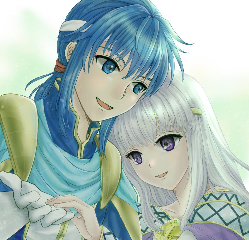 1boy 1girl blue_eyes blue_hair brother_and_sister circlet dress fire_emblem fire_emblem:_genealogy_of_the_holy_war gloves grey_hair headband highres holding_hands julia_(fire_emblem) long_hair open_mouth ponytail seliph_(fire_emblem) siblings simple_background takabaneaoi2 violet_eyes white_gloves white_headband