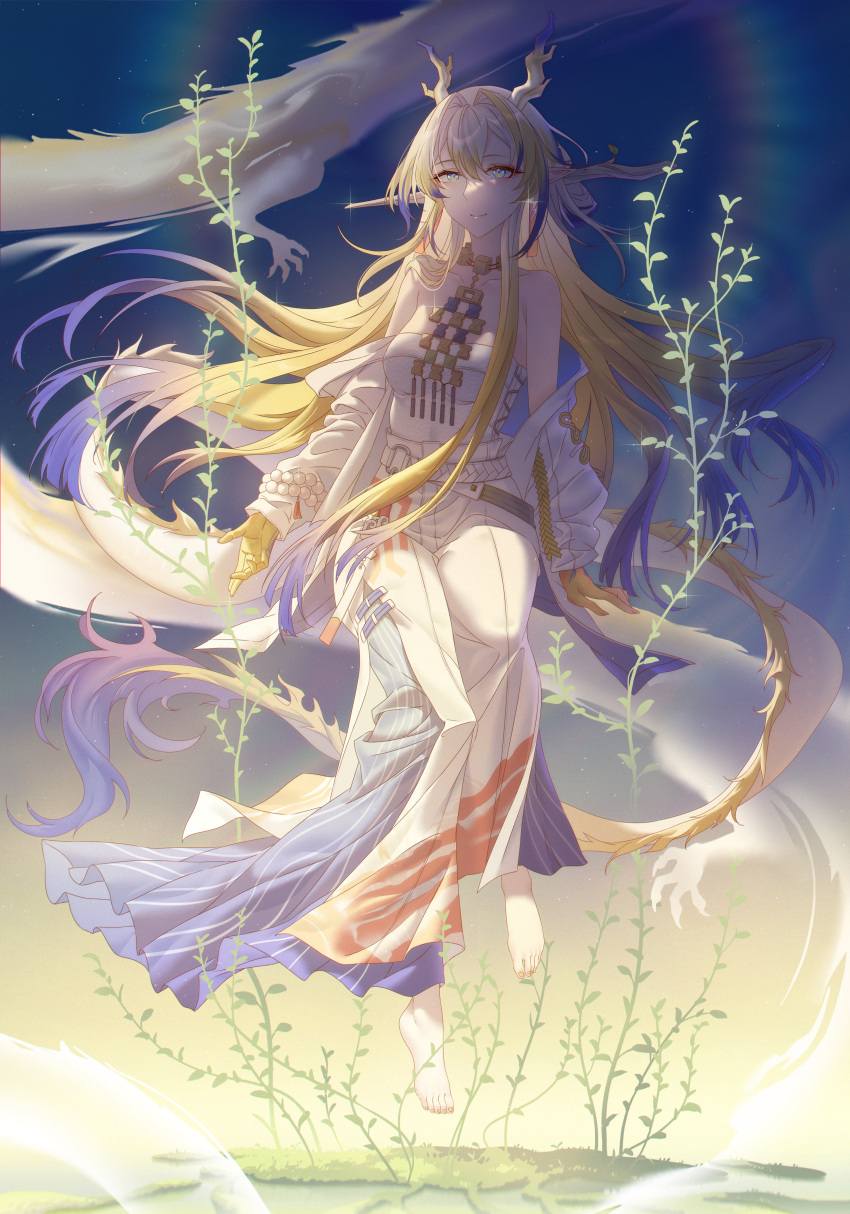 1girl absurdres antlers arknights bare_shoulders barefoot beads belt blonde_hair blue_background breasts claws closed_mouth collarbone dragon_girl dragon_tail dress floating full_body gloves gradient_background gradient_hair grass green_eyes hair_intakes highres horns innoarukugyou jewelry light_particles light_smile long_hair long_sleeves looking_at_viewer medium_breasts multicolored_clothes multicolored_dress multicolored_hair orange_dress purple_dress purple_hair shu_(arknights) smile solo sprout strapless strapless_dress tail toes two-tone_background white_belt white_dress yellow_background yellow_gloves