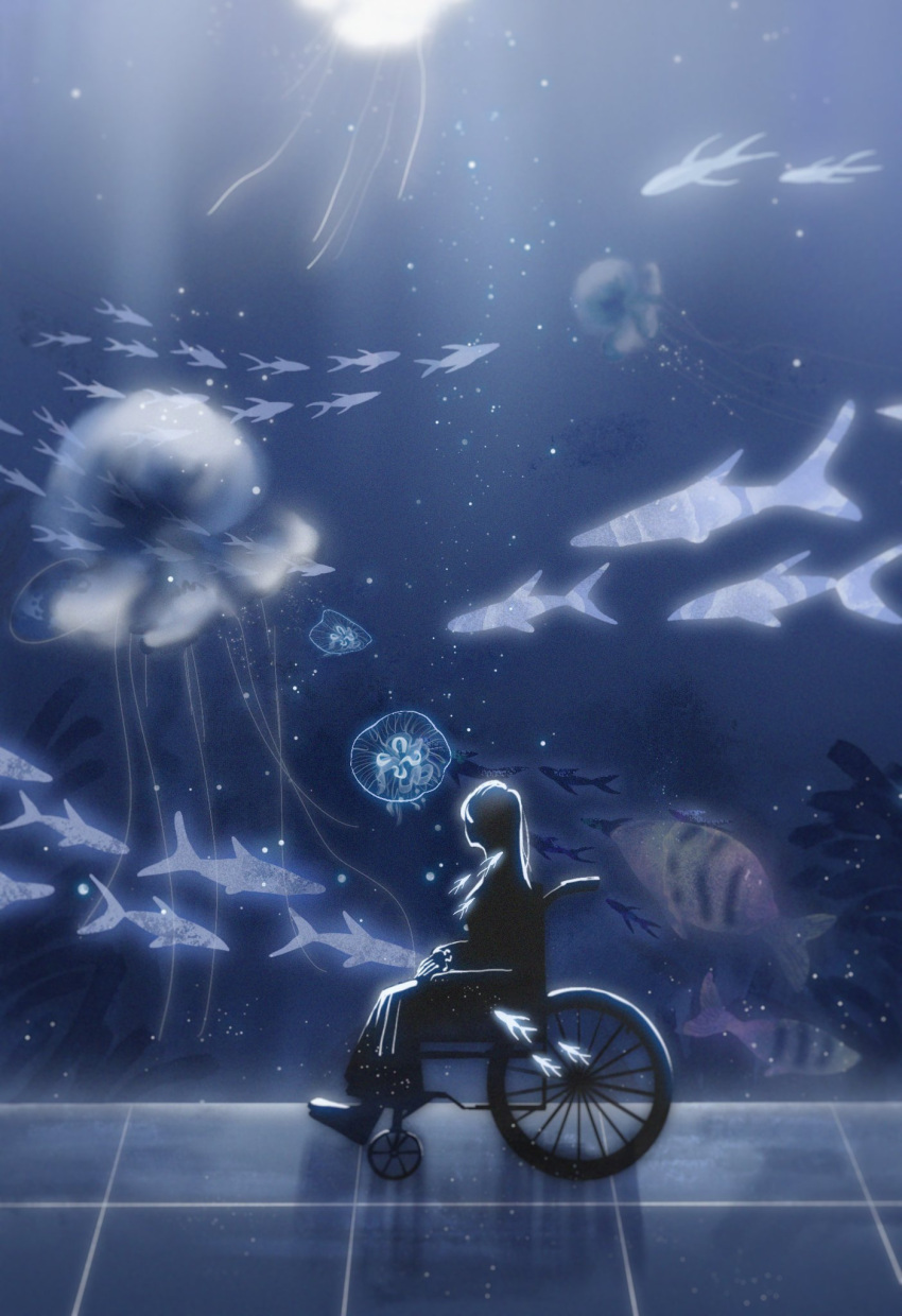 1girl aquarium boots bubble chinese_commentary commentary_request fish frilled_sleeves frills from_side full_body highres indoors jellyfish long_hair long_skirt long_sleeves original reflective_floor seaweed silhouette sitting skirt solo straight_hair suancai_mie tile_floor tiles too_many too_many_fish wheelchair