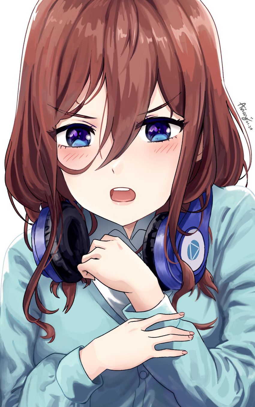 1girl absurdres aviary blue_cardigan blue_eyes brown_hair cardigan collared_shirt commentary go-toubun_no_hanayome hair_between_eyes hands_up headphones headphones_around_neck highres long_hair long_sleeves looking_at_viewer nakano_miku open_mouth shirt signature solo teeth upper_body upper_teeth_only white_background white_shirt