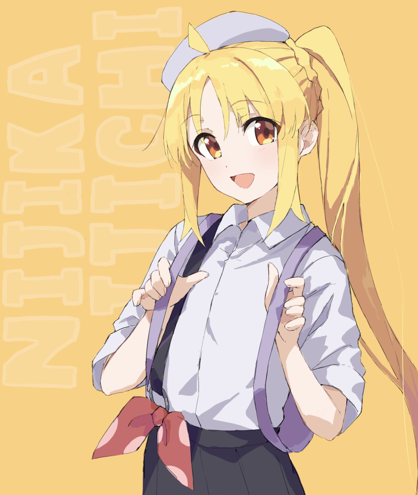 1girl :d ahoge beret black_skirt blonde_hair bocchi_the_rock! character_name collared_shirt commentary_request cowboy_shot eyes_visible_through_hair grey_headwear hat highres ijichi_nijika light_blush long_hair long_sleeves looking_at_viewer open_mouth orange_eyes parted_bangs polka_dot polka_dot_ribbon red_ribbon ribbon shirt side_ponytail simple_background skirt smile solo suspenders very_long_hair white_shirt yanagi_marie yellow_background