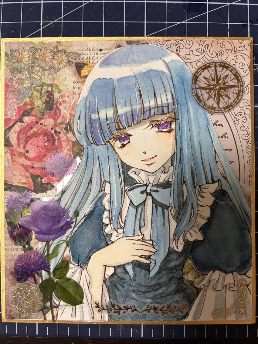 1girl blue_bow blue_hair blunt_bangs bow closed_mouth collage colored_eyelashes dress dress_bow eyelashes flat_chest flower frederica_bernkastel frilled_dress frilled_sleeves frills hair_over_shoulder hand_on_own_chest highres hime_cut lolita_fashion long_hair long_sleeves looking_at_viewer painting_(medium) photo_(medium) picture_frame puffy_sleeves shikishi sidelocks sirase_souya smile solo straight_hair traditional_media umineko_no_naku_koro_ni upper_body violet_eyes watercolor_(medium) wide_sleeves