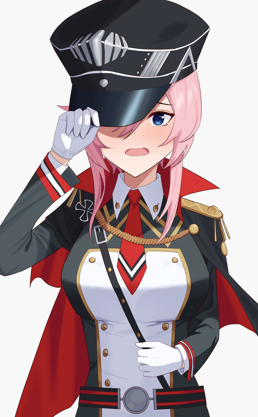 1girl :o absurdres adjusting_clothes adjusting_headwear azur_lane blue_eyes blush breasts buttons cape commentary_request cross double-breasted embarrassed gloves hair_between_eyes hand_up hat hat_tug highres iron_cross large_breasts long_hair looking_at_viewer medium_breasts military_hat military_uniform nervous pink_hair satuki_518 seydlitz_(azur_lane) solo uniform wavy_mouth white_gloves
