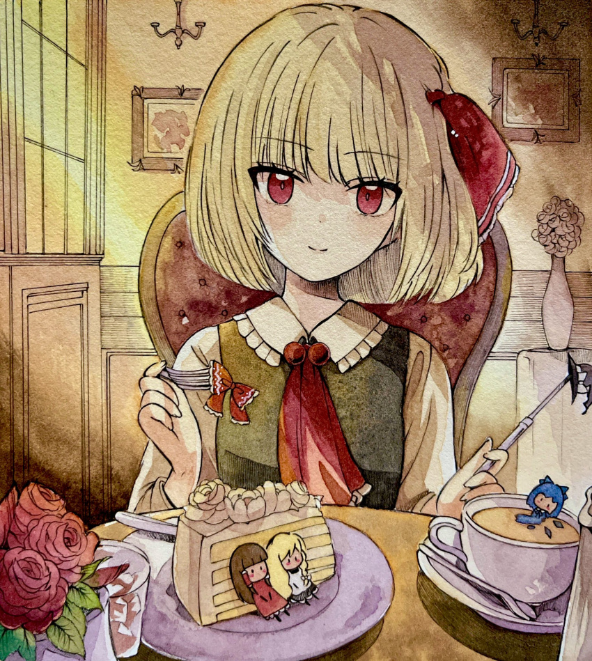 1girl ascot blonde_hair blue_bow blue_hair blush bow braid cake cake_slice cirno closed_mouth commentary cup detached_wings flower food fork frilled_bow frills hair_bow hair_ribbon hair_tubes hakurei_reimu hat hat_bow highres holding holding_fork holding_knife kirisame_marisa knife leaf long_sleeves looking_at_viewer melting on_chair picture_frame plate red_ascot red_bow red_eyes red_flower red_ribbon red_rose ribbon rose rumia short_hair side_braid single_braid sitting smile solo spoon symbol-only_commentary tea teacup touhou unworn_headwear vase white_bow wings witch_hat yuzugoori |_|
