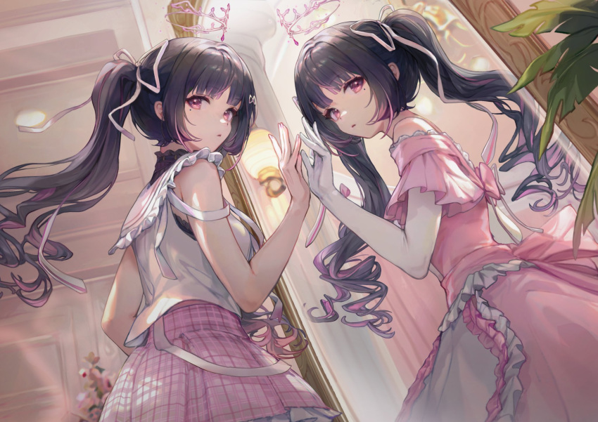 1girl artist_request black_hair blunt_bangs bridal_gauntlets cropped_legs curly_hair dress frilled_dress frills hair_ornament hair_ribbon hairclip highres himemiya_rie looking_at_viewer mirror mole mole_under_eye multicolored_hair off-shoulder_dress off_shoulder parted_lips phase_connect pink_dress pink_hair pink_skirt plant potted_plant princess reflection ribbon shirt sidelocks skirt streaked_hair twintails virtual_youtuber white_bridal_gauntlets white_ribbon white_shirt