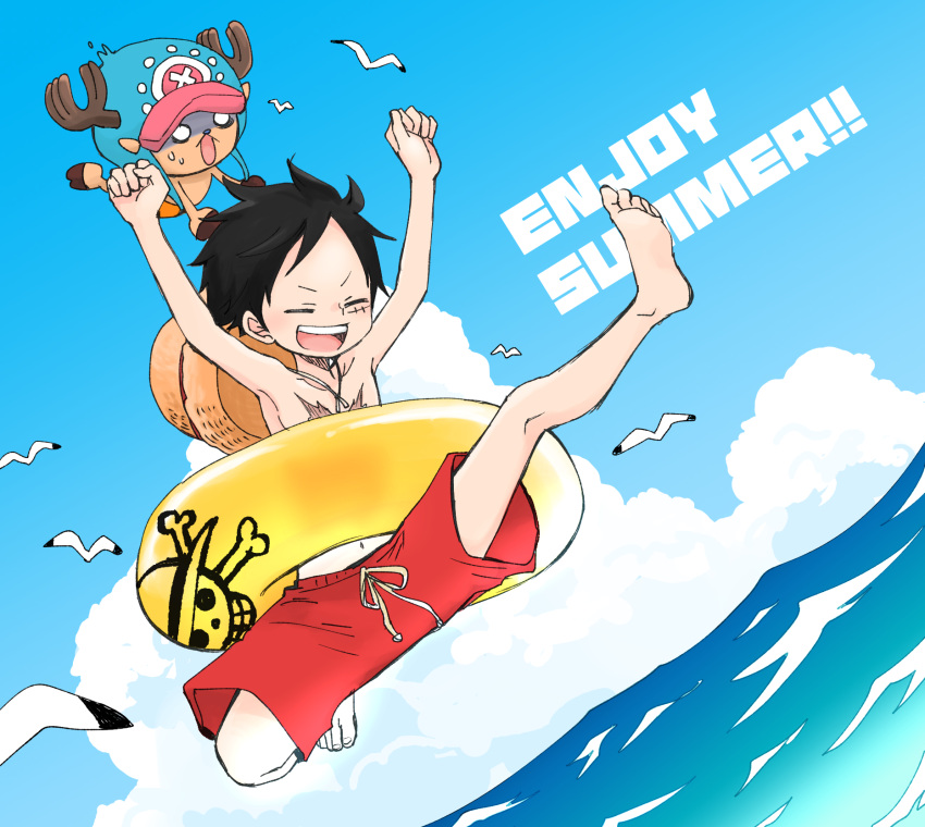 2boys arms_up bird black_hair blank_eyes blue_sky closed_eyes clouds day full_body hat hat_on_back highres inflatable_toy jumping male_focus monkey_d._luffy multiple_boys nervous_sweating ocean one_piece outdoors pokesumomo red_swim_trunks scar scar_on_cheek scar_on_face seagull short_hair sky smile straw_hat sweat sweatdrop tony_tony_chopper topless_male
