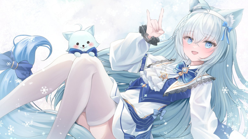 1girl ahoge animal_ear_fluff animal_ears blue_bow blue_bowtie blue_eyes blue_gemstone blue_hair blush bow bowtie collar commission fox_ears fox_girl fox_tail frilled_collar frilled_sleeves frills gem headband indie_virtual_youtuber kurage_cc long_hair open_mouth rucie_(vtuber) skeb_commission smile solo tail tail_bow tail_ornament thigh-highs very_long_hair virtual_youtuber white_headband white_thighhighs