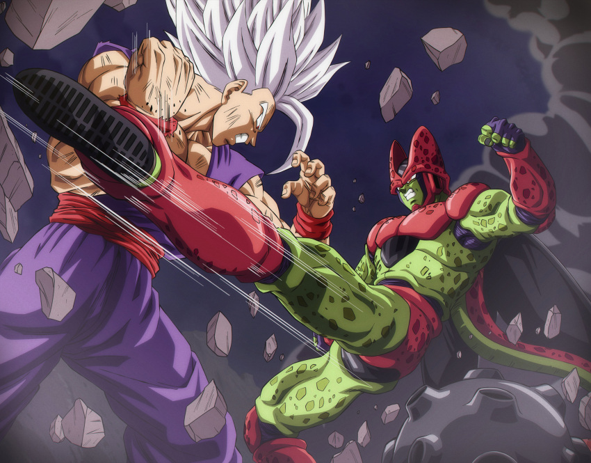 2boys absurdres blocking cell_max clenched_hands commentary debris dragon_ball dragon_ball_super dragon_ball_super_super_hero english_commentary gohan_beast highres iamthetrev kicking multiple_boys muscular muscular_male pectorals son_gohan spiky_hair tail white_hair