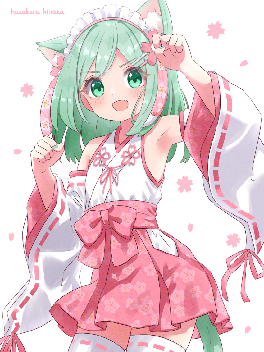 1girl :d absurdres adapted_uniform animal_ear_fluff animal_ears armpits artist_name cat_ears cat_girl cat_tail cherry_blossoms clenched_hand cowboy_shot detached_sleeves dot_nose fang floral_print flower green_eyes green_hair green_nails hair_flower hair_ornament hairclip hands_up hazakura_hinata highres japanese_clothes looking_at_viewer medium_hair miko nail_polish open_mouth original paw_pose pink_skirt polka_dot ribbon-trimmed_sleeves ribbon_trim simple_background skin_fang skirt smile solo tail thigh-highs variant_set white_background white_thighhighs wide_sleeves