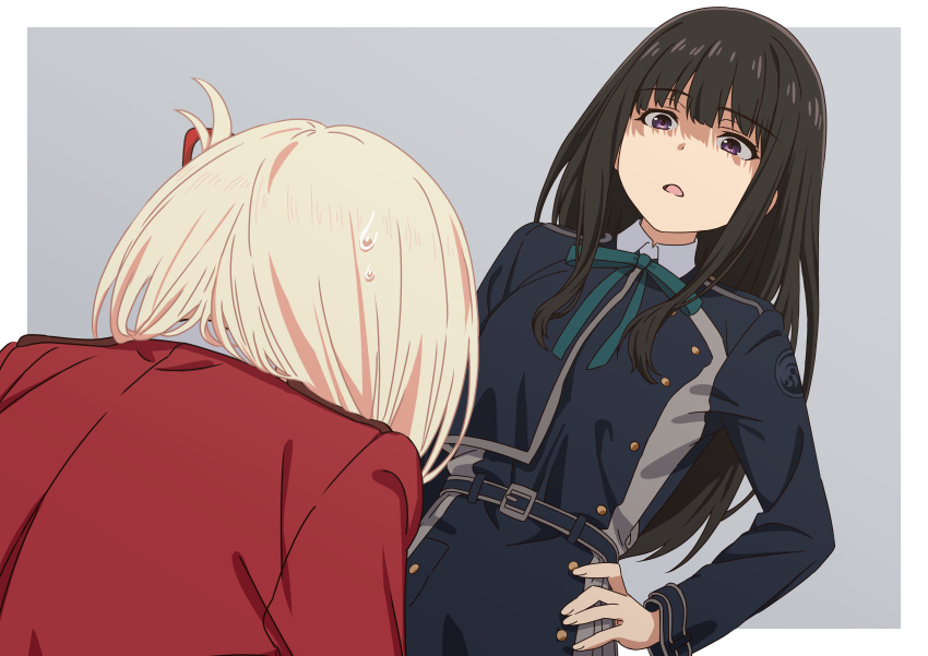 2girls absurdres asada7101 black_hair blonde_hair blue_coat border coat commentary_request dutch_angle green_ribbon grey_background hand_on_own_hip highres inoue_takina jacket long_hair looking_at_another lycoris_recoil lycoris_uniform medium_hair multiple_girls neck_ribbon nishikigi_chisato parted_lips red_jacket ribbon scolding simple_background sweatdrop violet_eyes white_border