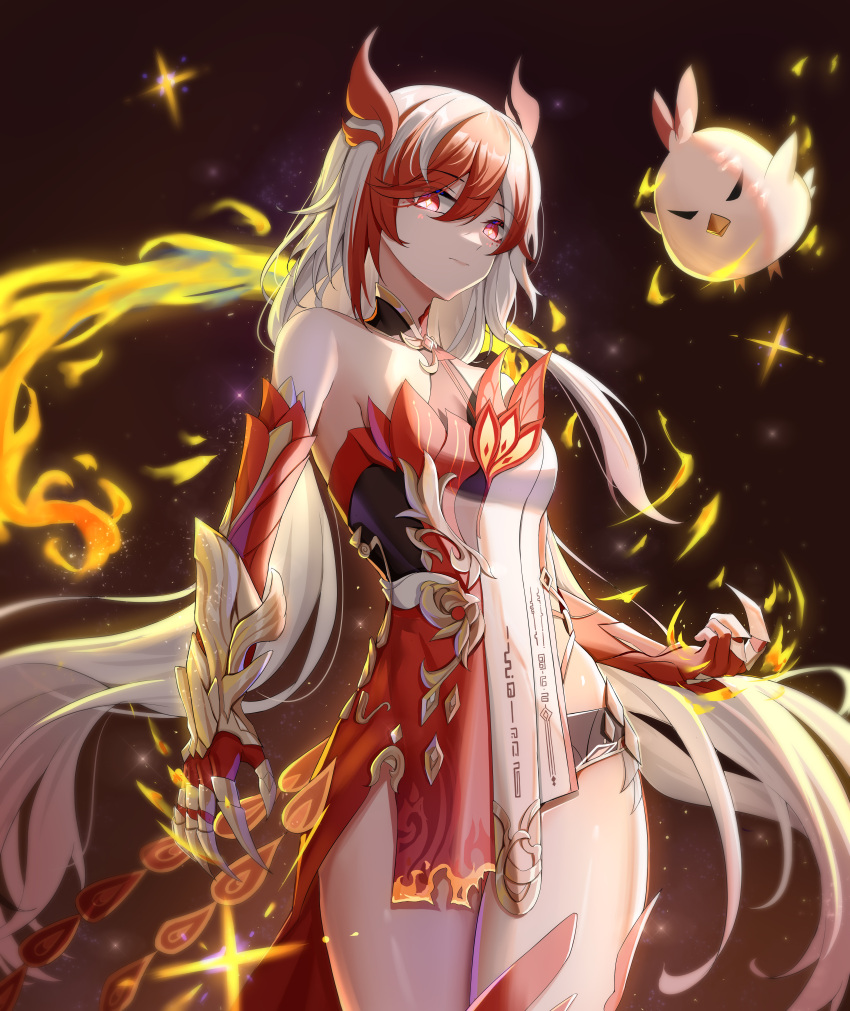 1girl absurdres animal_hands bare_shoulders black_shorts chinese_clothes claws closed_mouth detached_sleeves elbow_gloves eyeliner fire fu_hua fu_hua_(fenghuang_of_vicissitude) gloves hair_between_eyes highres honkai_(series) honkai_impact_3rd jingwei_(bird) long_hair looking_at_viewer low-tied_long_hair low_twintails makeup multicolored_hair red_eyeliner red_eyes red_gloves red_rope red_scales red_thighhighs redhead rope short_shorts shorts single_thighhigh solo sportswear streaked_hair symbol-shaped_pupils tail thigh-highs thighs twintails two-tone_hair white_hair yellow_pupils ying_ling